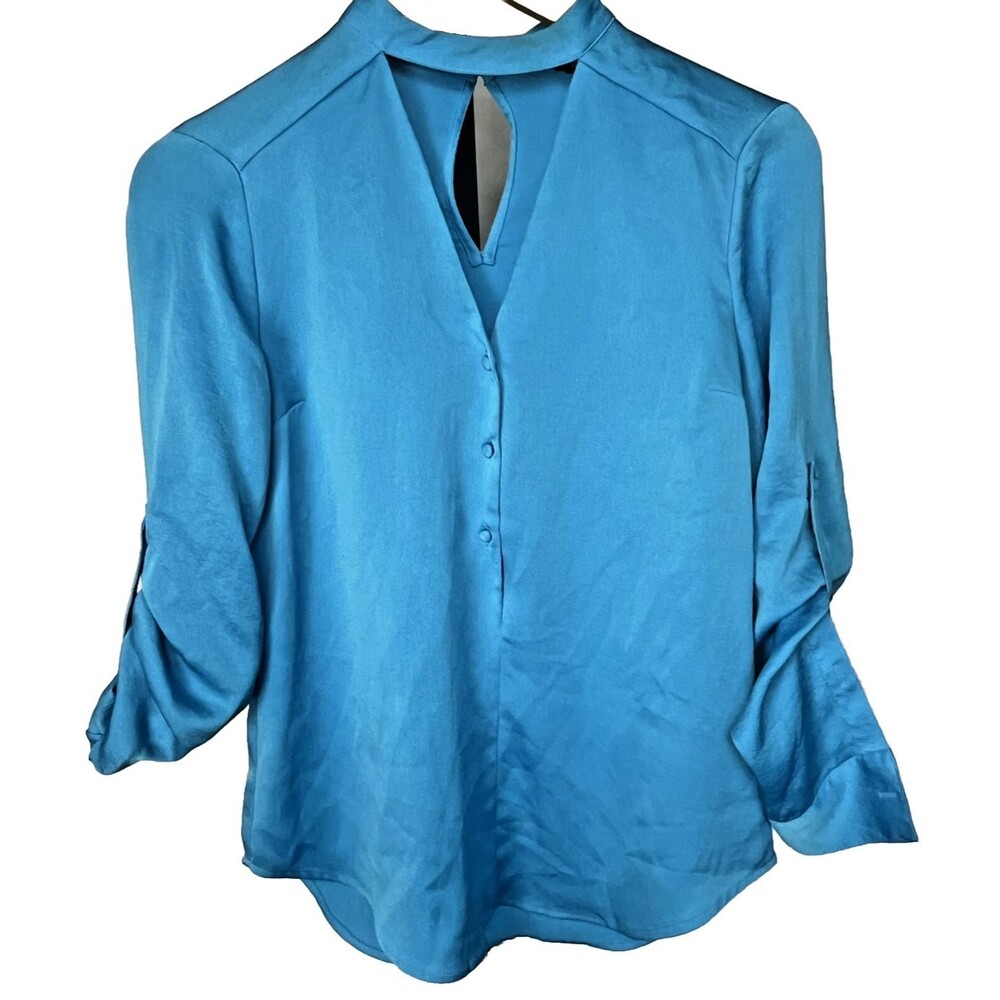 Express Button Up Blouse Blue XS Roll Tab Cut Out V Neck Keyhole Polished Office